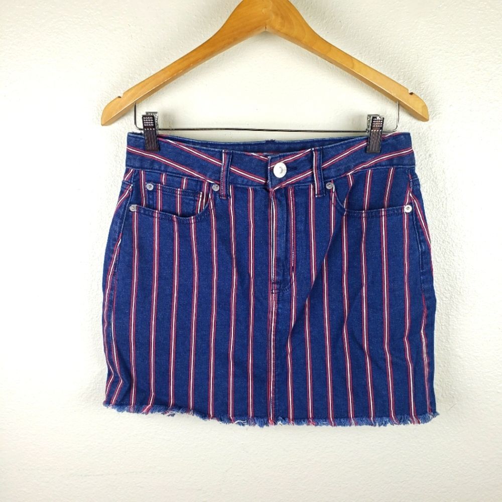 American Eagle Hi-Rise Mini Skirt Sz 6 Long Red White Blue Striped Denim Super S